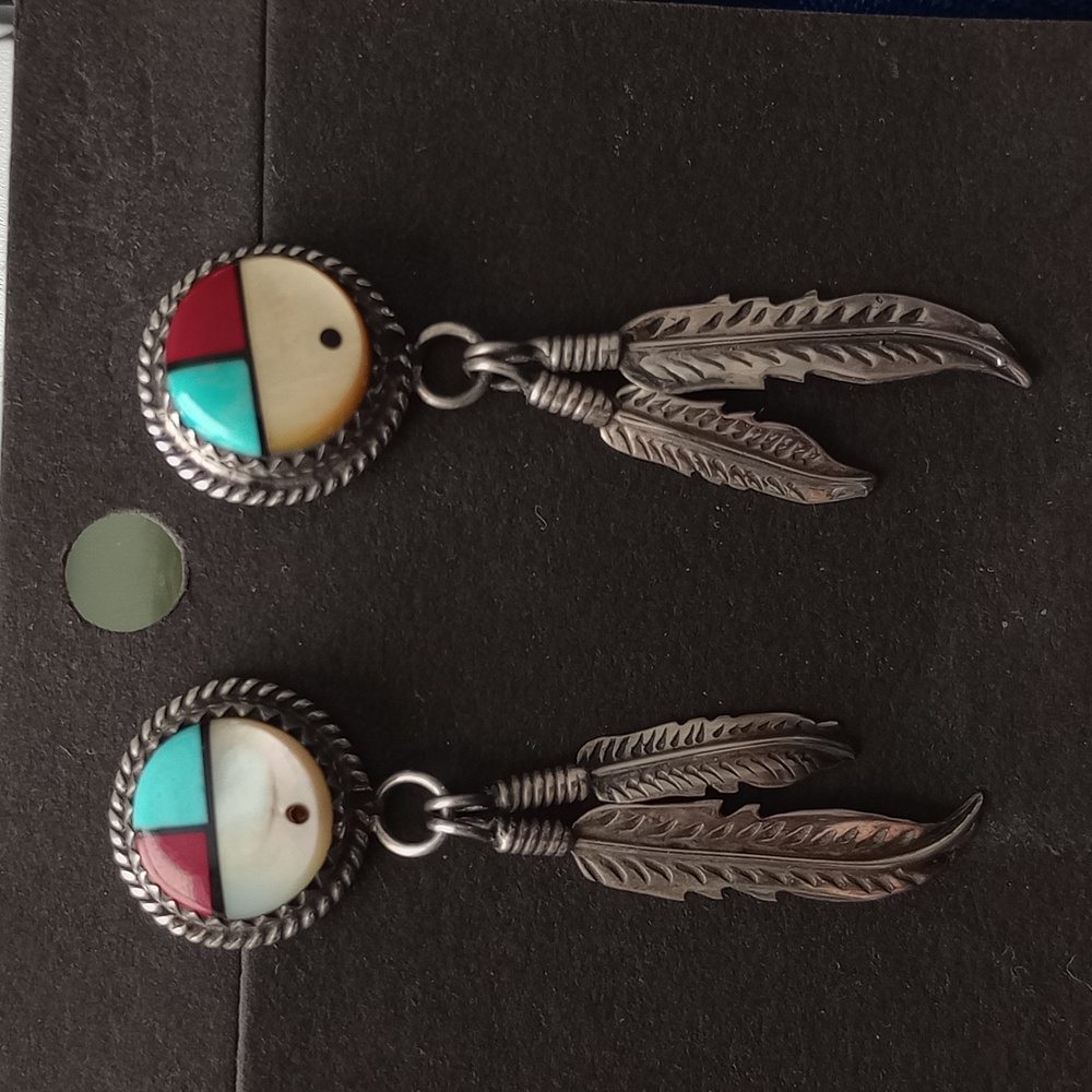Sterling Silver Feather Earrings with SunFace Multicolor Inlay Studs Signed PH - Picture 3 of 15